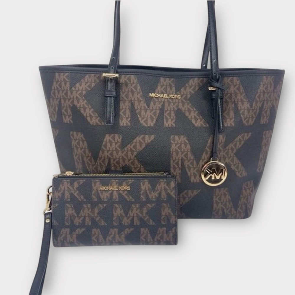 Michael Kors Black and Brown Tote Bag with Pouch